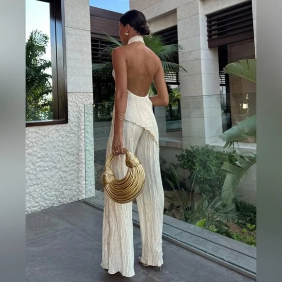 Zara Asymmetric Halter Crop Top With Wide Leg Pants Set - Picture 2 of 8